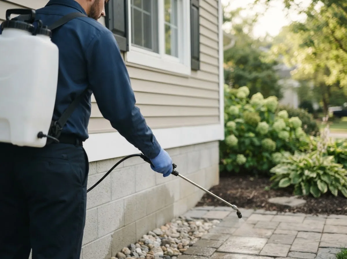 Pest control technician inspecting a home in Springport, IN